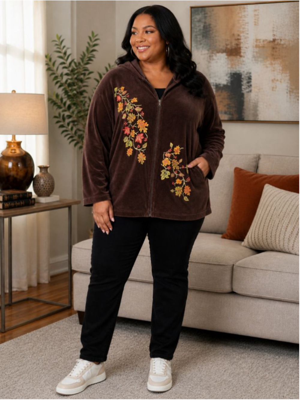 Decorated Originals Brown Embroidered Hoodie Women's Size XL